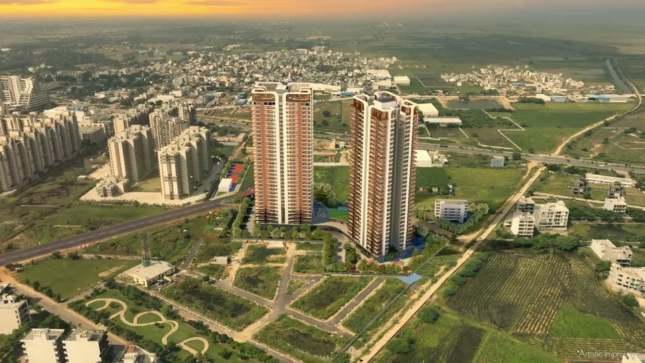 Aerial view of the Twin Horizon towers at Sector 102 on the Dwarka Expressway, Gurugram - artistic impression