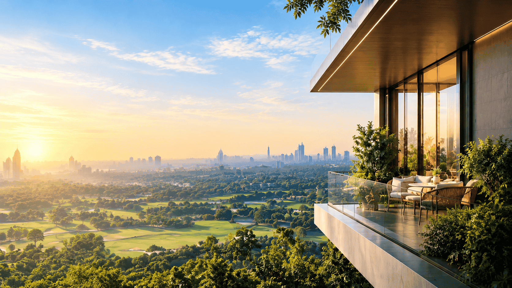 Panoramic green and wetland outlook from a wrap-around deck at Twin Horizon