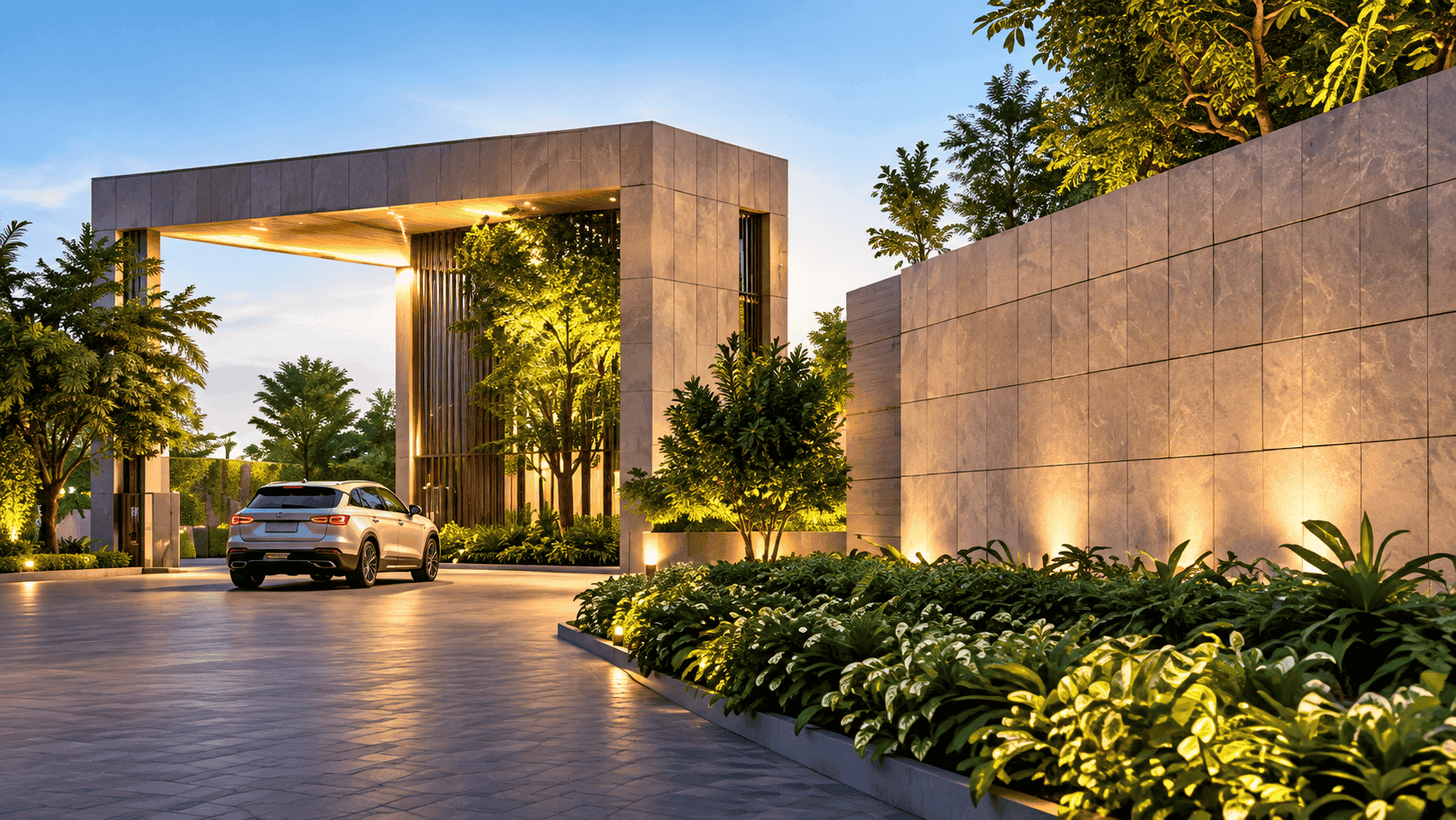 Arrival portal and landscaped entrance driveway